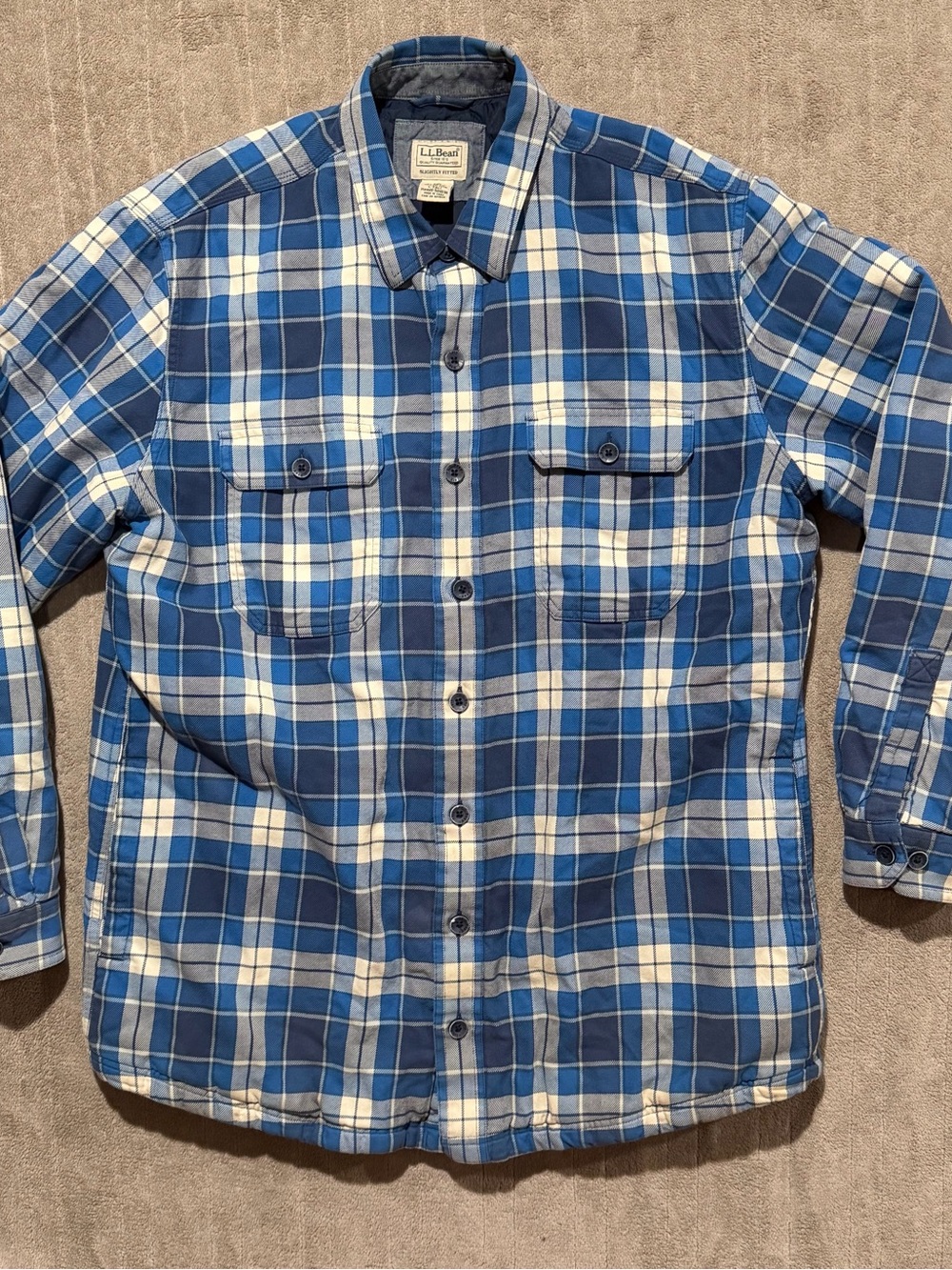 LL Bean Shacket Mens Large Tall Blue Plaid Quilted Lined Shirt Primaloft Outdoor